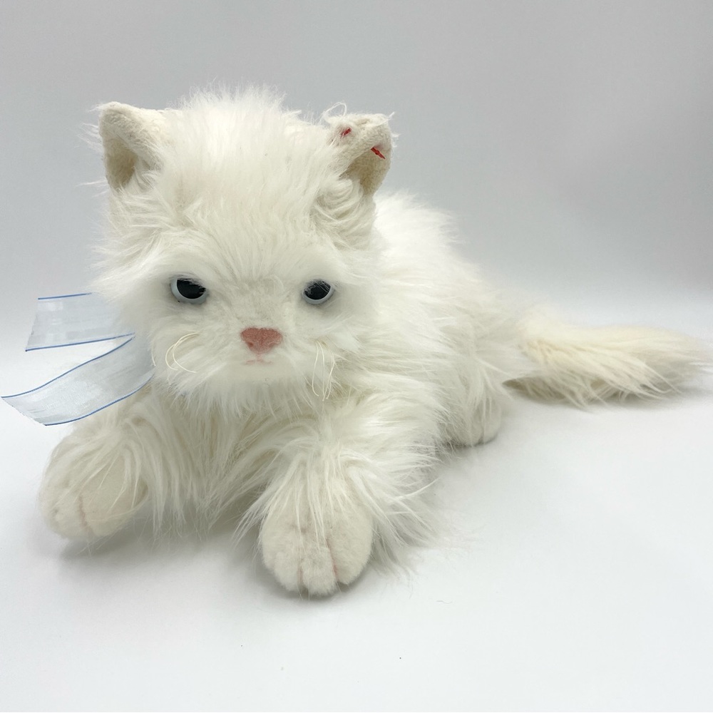 Ty White Persian Cat Realistic Furry Blue Bow